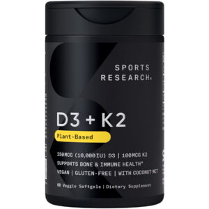 Sports Research® SR Vegan D3 10,000iu Vitamin K2 100mg Vegan Certified Soy Gluten Free (60 Veggie Softgels)