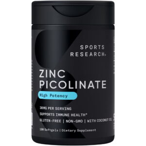 Sports Research® High Potency Zinc Picolinate 30mg Organic Coconut Oil Gluten Free (180 Softgels)