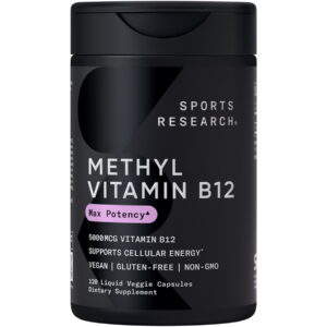 Sports Research® Vitamin B12 (Methylcobalamin) 5000mcg (High Potency) + Coconut MCT Oil for Energy Support Vegan Certified Non-GMO Gluten Free 120 ct