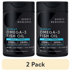 (2 pack) Sports Research Omega 3 Fish Oil Supplement, Triple Strength 1250mg Omega 3 Fatty Acids, 60 Softgels