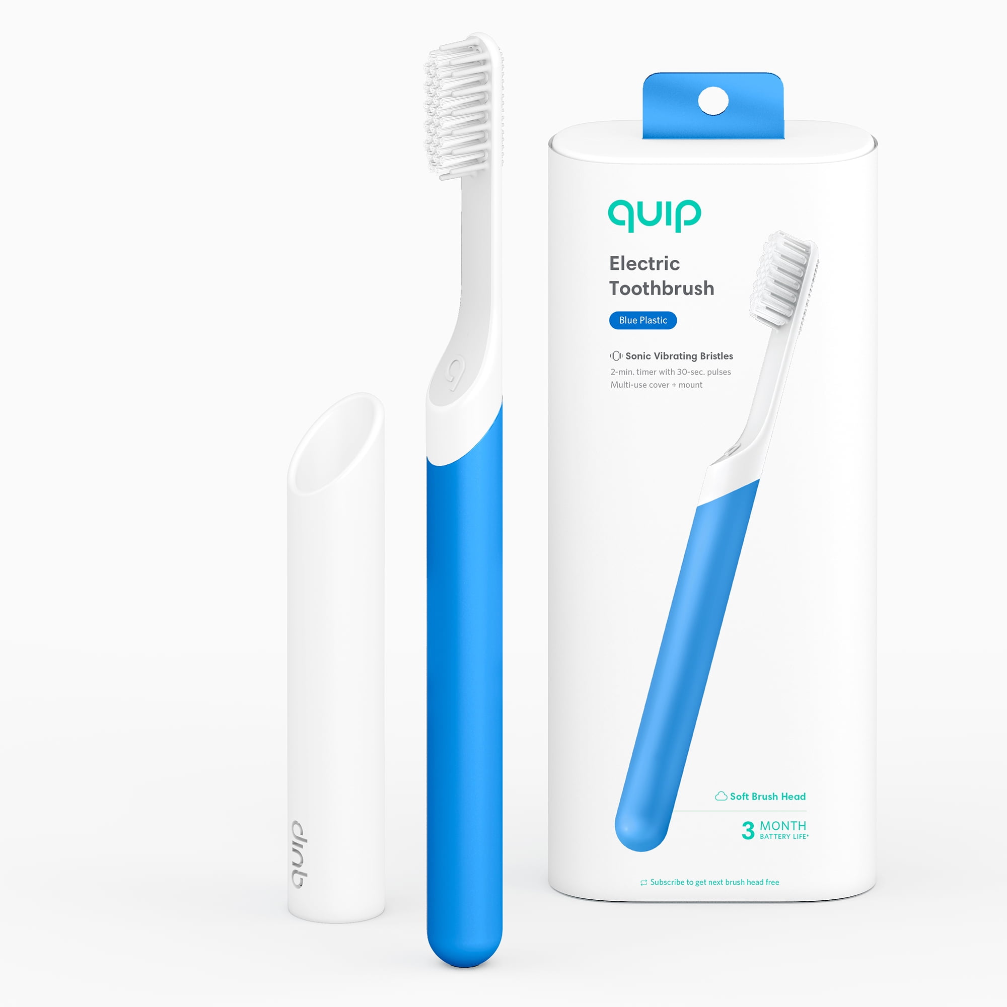 Quip Adult Electric Toothbrush Full Head, Built-in Timer + Travel Case, Blue Plastic