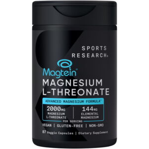 Sports Research Magtein Magnesium L-Threonate Capsules Supplement for Memory, Focus & Cognition - Supports Brain Health, Sleep & Mood - 2000mg, 87 Capsules