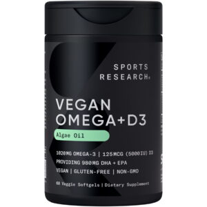 Sports Research® Vegan Omega-3 w/ Vitamin D3 Fish Oil Alternative D Algae Oil (60 Veggie Softgels)