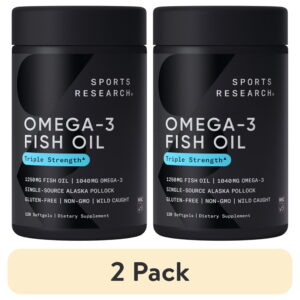 (2 pack) Sports Research Omega 3 Fish Oil Supplement, Triple Strength 1250mg Omega 3 Fatty Acids, 120 Softgels