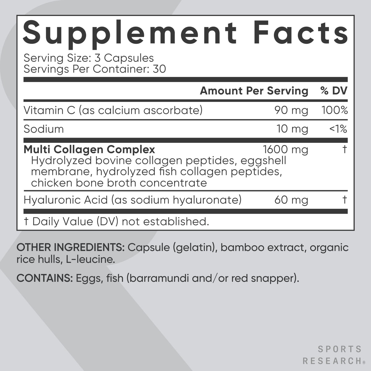 Sports Research® Multi Collagen 1600mg (Type I, II, III, V, X) Hyaluronic Acid + Vit C Anti-Aging (90 Capsules) - Image 5