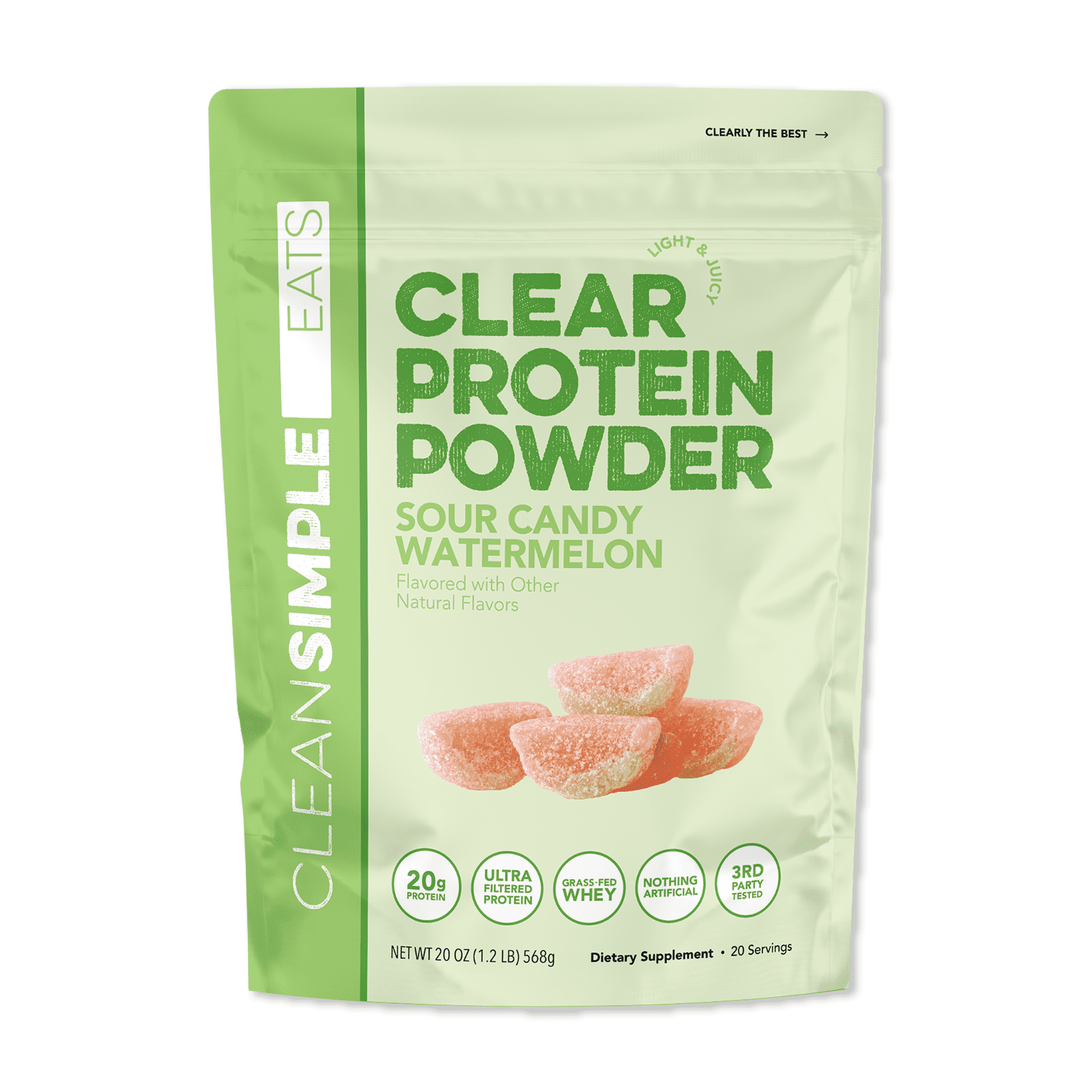 Clean Simple Eats Clear Whey Protein Powder, Sour Candy Watermelon, Gluten Free, Zero Added Sugars, No Artificial Ingredients, 20g Protein, 1.24 lb, 20 Servings