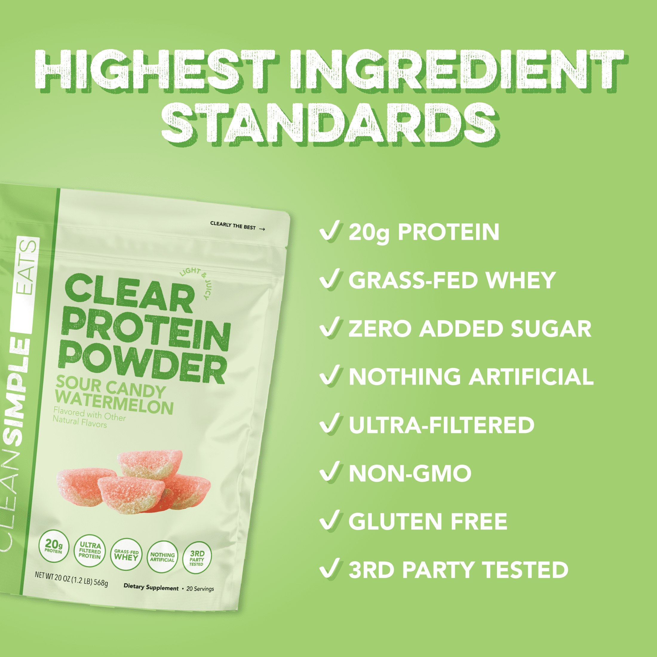 Clean Simple Eats Clear Whey Protein Powder, Sour Candy Watermelon, Gluten Free, Zero Added Sugars, No Artificial Ingredients, 20g Protein, 1.24 lb, 20 Servings - Image 4