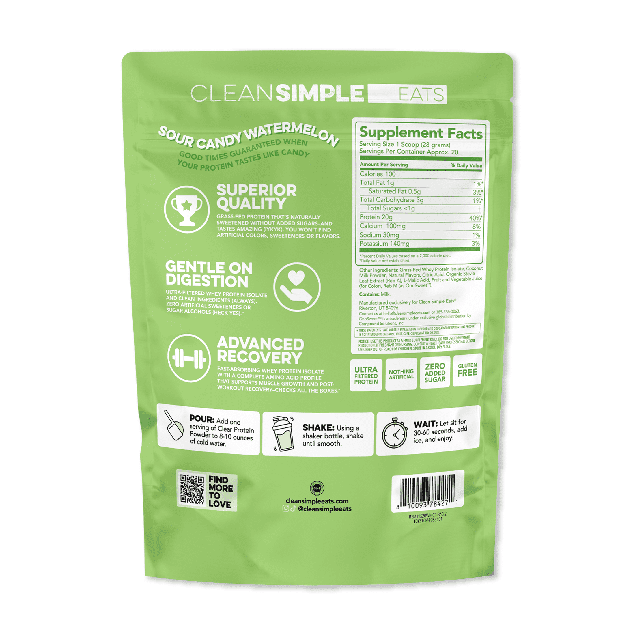 Clean Simple Eats Clear Whey Protein Powder, Sour Candy Watermelon, Gluten Free, Zero Added Sugars, No Artificial Ingredients, 20g Protein, 1.24 lb, 20 Servings - Image 9