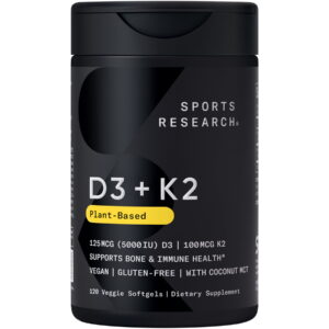 Sports Research® Vitamin D3 + K2 5000iu Plant-Based D3 + 100mcg Vitamin K2 as MK-7 - (120 Softgels)