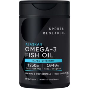 Sports Research Omega 3 Fish Oil Supplement, Triple Strength 1250mg Omega 3 Fatty Acids, 60 Softgels