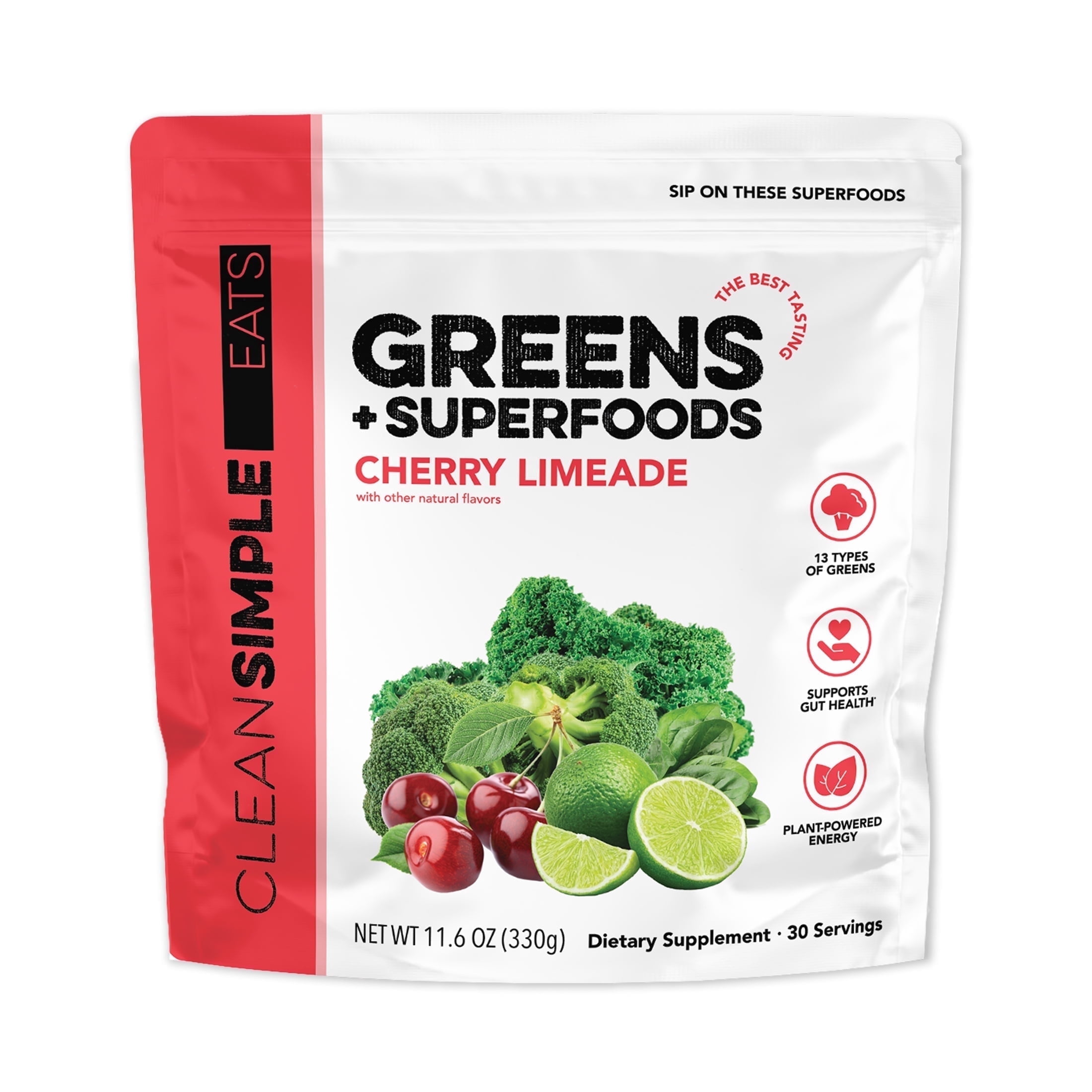Clean Simple Eats Super Greens Powder, Cherry Limeade, Prebiotic Superfood Blend, No Artificial Ingredients, Gluten Free, 11.6 oz, 30 Servings