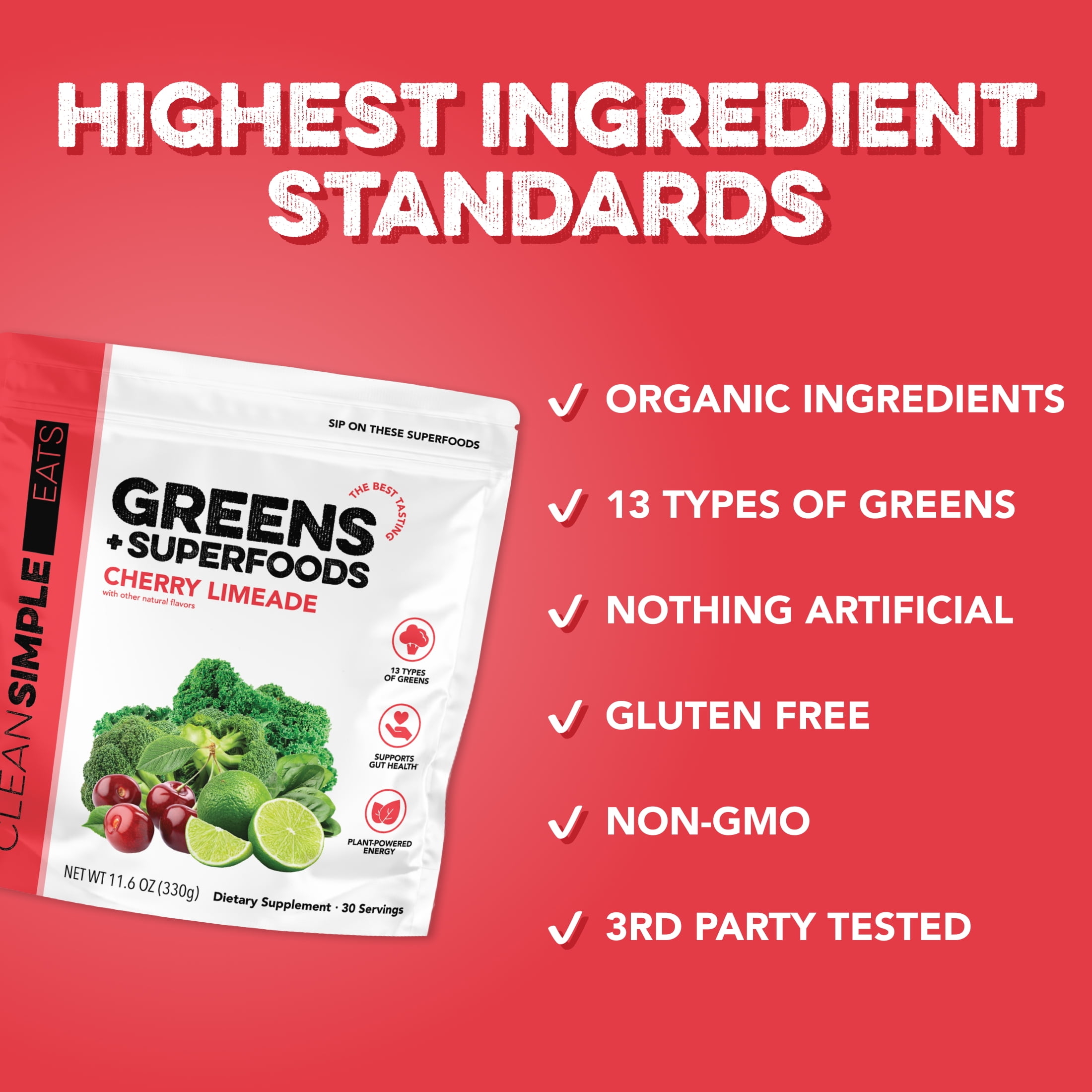 Clean Simple Eats Super Greens Powder, Cherry Limeade, Prebiotic Superfood Blend, No Artificial Ingredients, Gluten Free, 11.6 oz, 30 Servings - Image 4