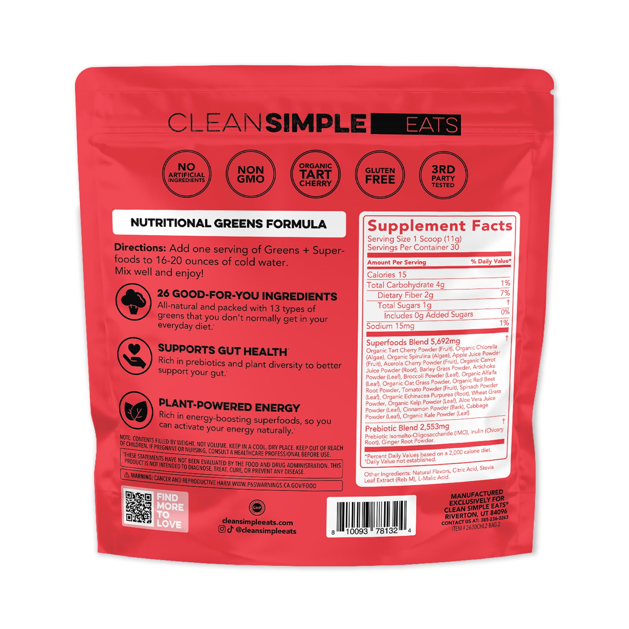 Clean Simple Eats Super Greens Powder, Cherry Limeade, Prebiotic Superfood Blend, No Artificial Ingredients, Gluten Free, 11.6 oz, 30 Servings - Image 8